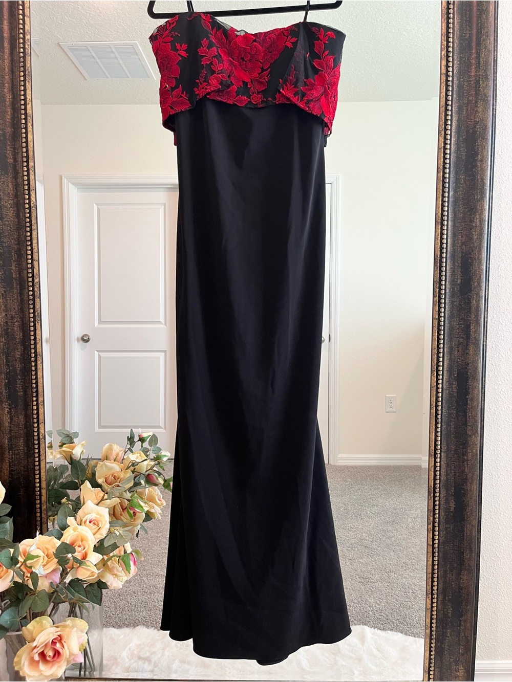 Badgley Mischka Black Strapless Gown with Red Floral Bodice Size 12